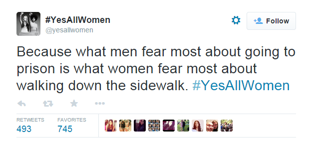 Because what men fear the most about going to prison is what women fear most about walking down the sidewalk. #yesallwomen
