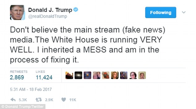 A tweet by No. 45, accusing the media of spreading fake news.