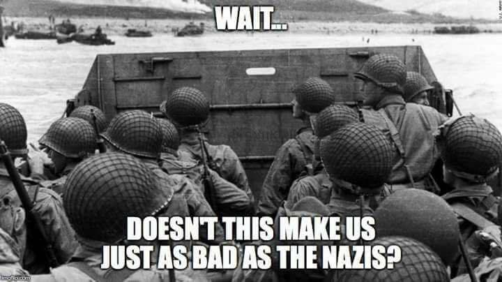 Allied soldiers in World War II, considering whether fighting the Nazis with violence is as bad as being a Nazi.