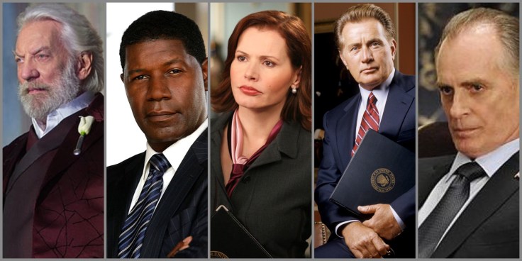 A collage of five fictional presidents: Snow, Palmer, Allen, Bartlet, and Dalton.