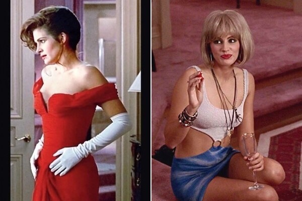 zwei Bilder von Vivian Ward aus "Pretty Woman", einmal billig angezogen, ein mal teuer